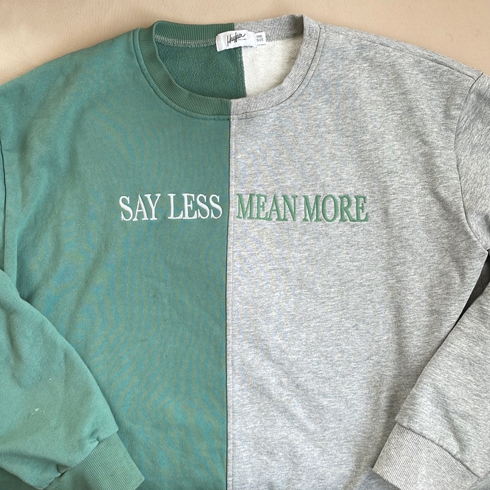 Mayfair group “Say Less Mean More” two toned pullover green and grey one size